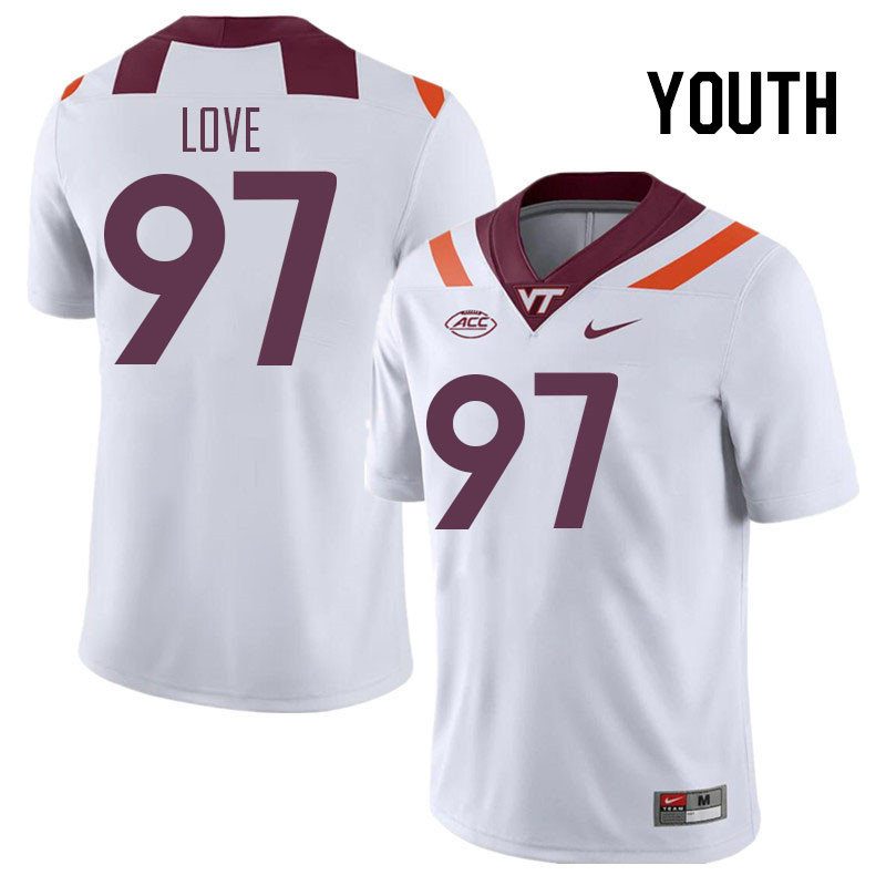 Youth #97 John Love Virginia Tech Hokies College Football Jerseys Stitched Sale-White